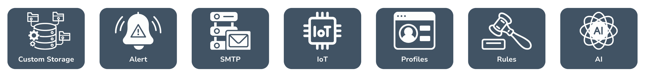 Custom storage, alerts, SMTP, IoT, profiles, rules, and AI
