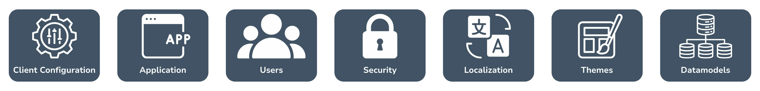 Client configuration, application, users, security, localization, themes, and data models
